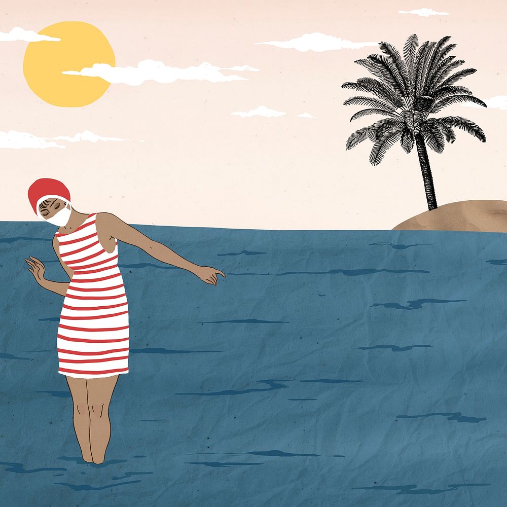 Summer background vector with woman enjoying at the sea, remixed from artworks by George Barbier