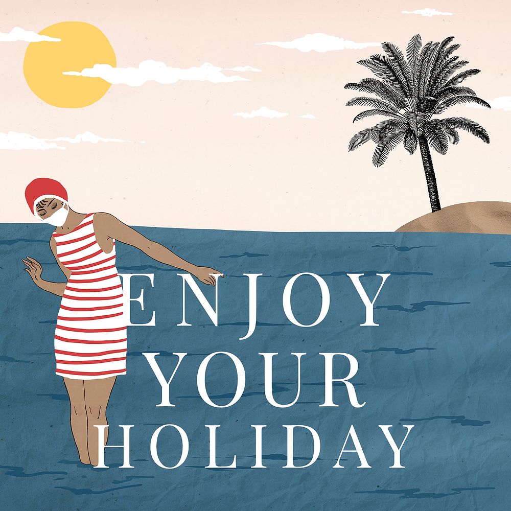Social media post template vector with woman enjoying holiday, remixed from artworks by George Barbier