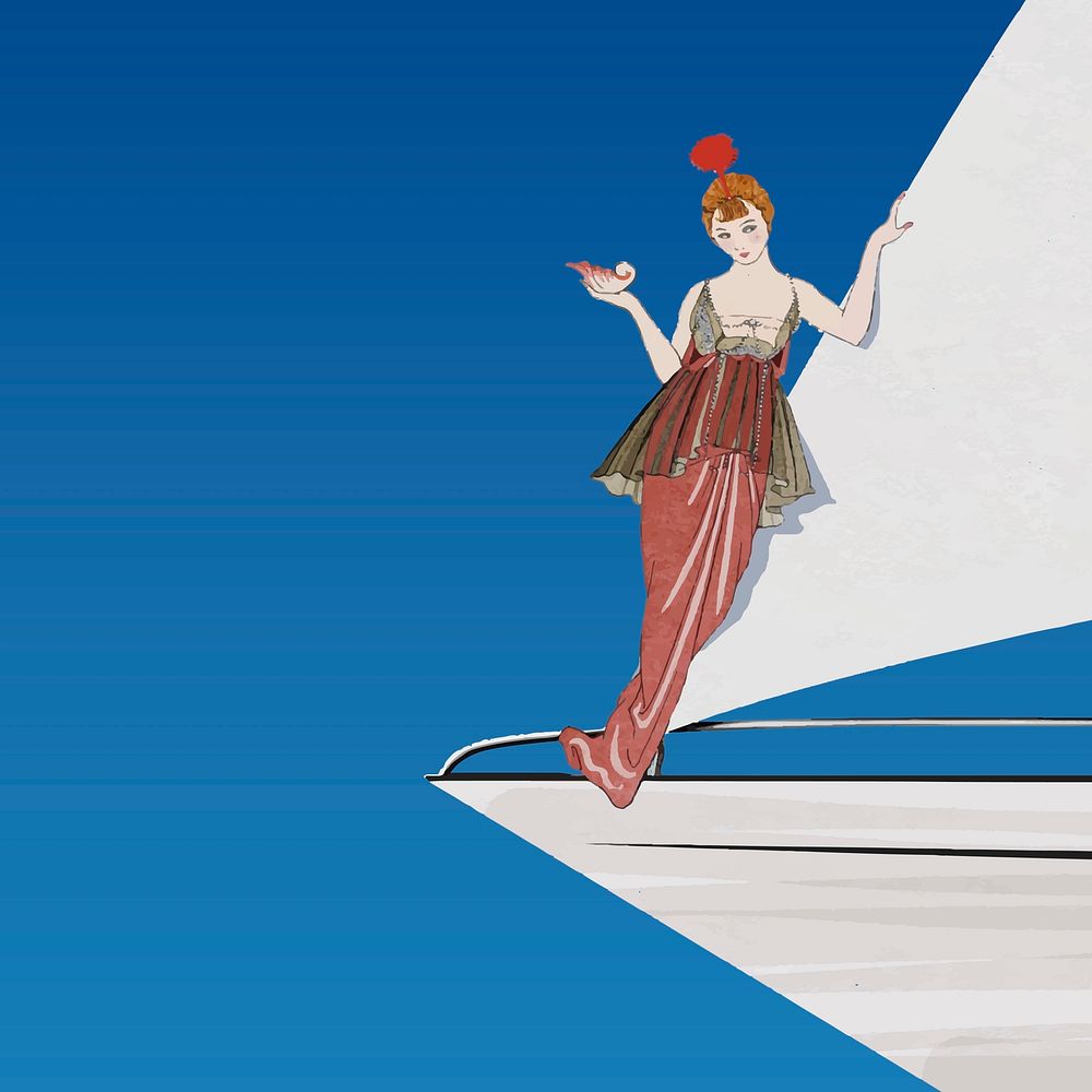 Vintage woman background vector on sailing boat, remixed from artworks by George Barbier