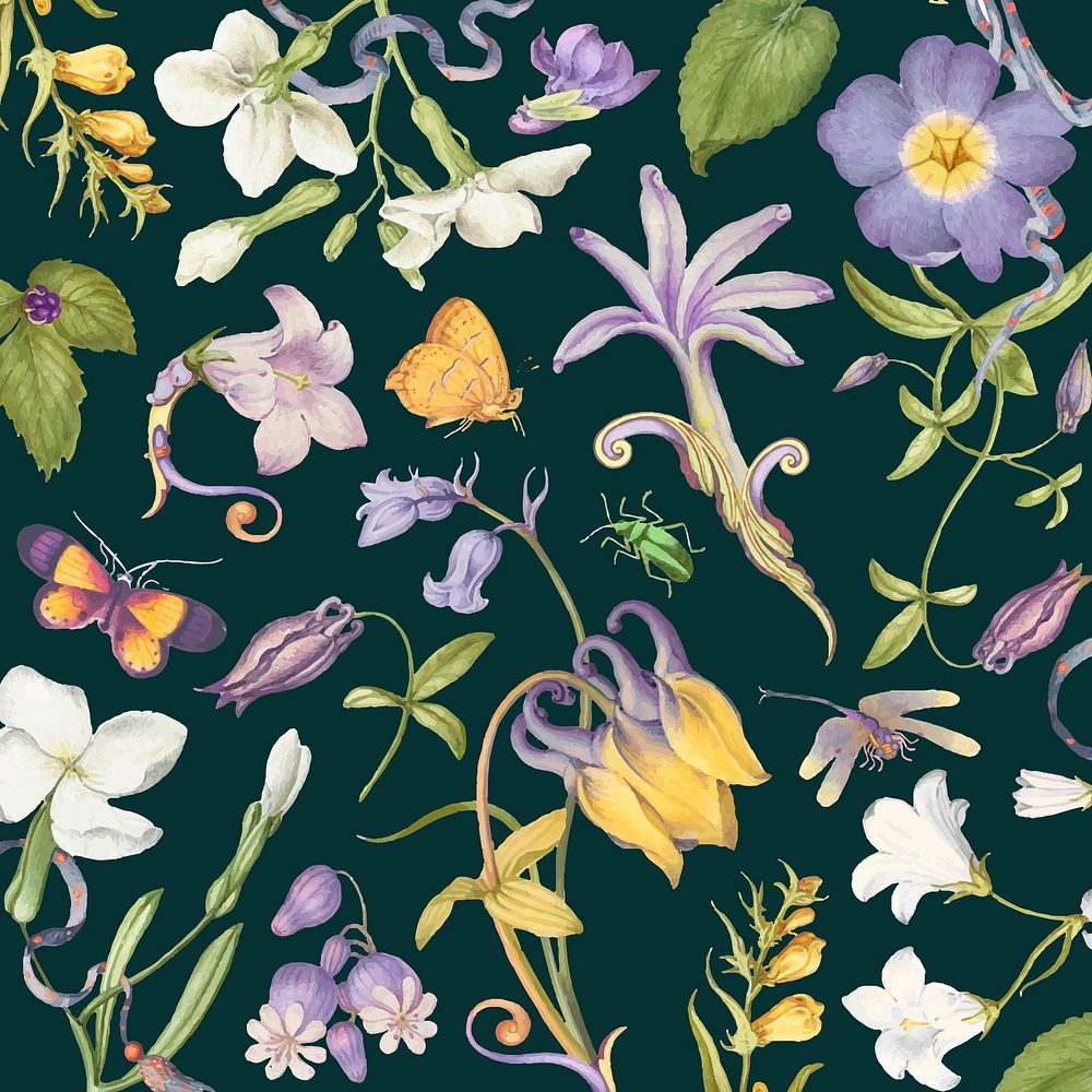 Aesthetic purple floral pattern vector on dark background, remixed from artworks by Pierre-Joseph Redout&eacute;