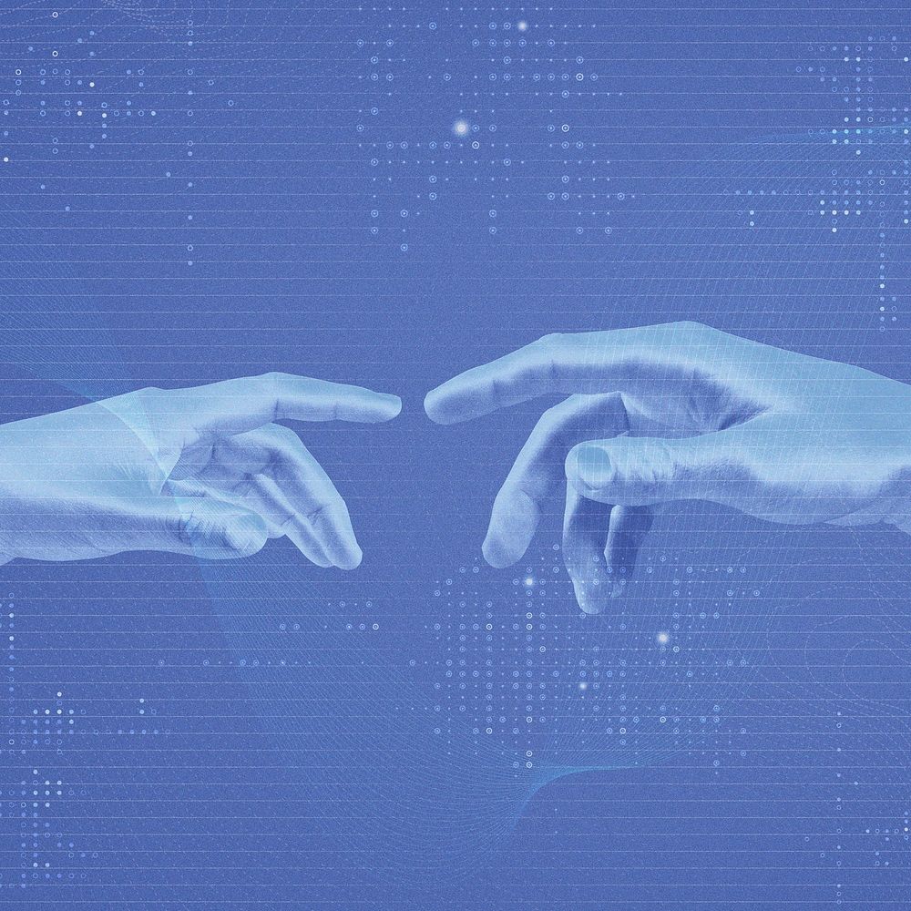 AI digital transformation background in blue with robotic hands remixed media