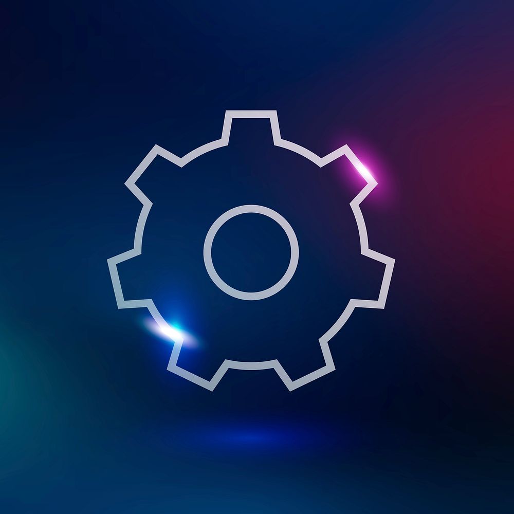 Setting gear psd technology icon in neon purple on gradient background