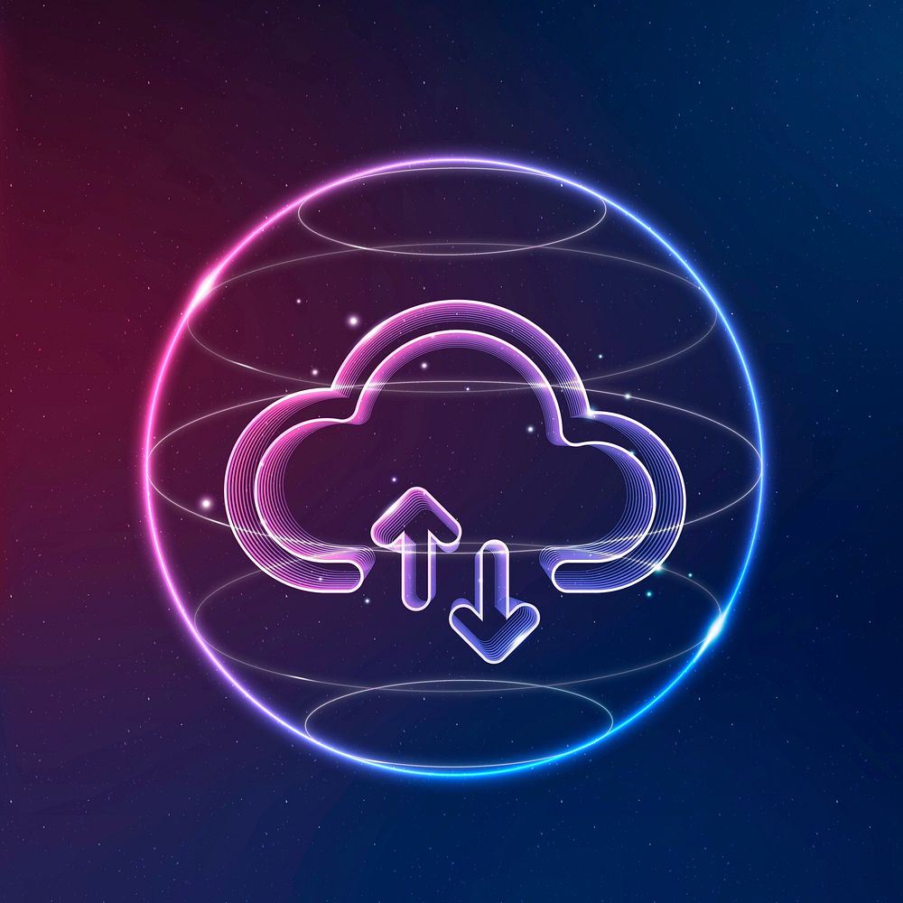 Cloud network technology icon vector in neon on gradient background