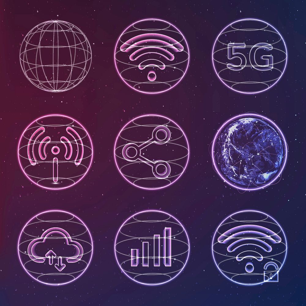 Global network technology icon vector in neon set