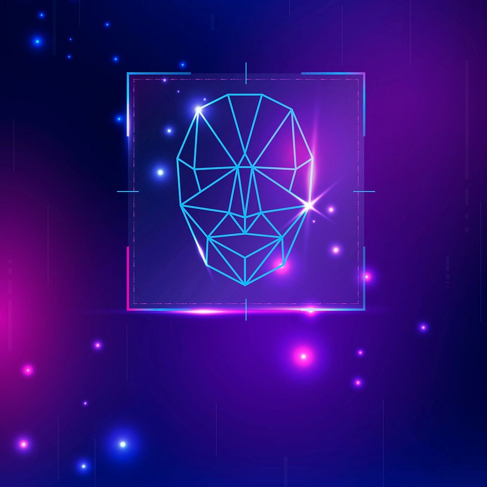 Cyber security technology background vector with facial recognition scanner in purple tone