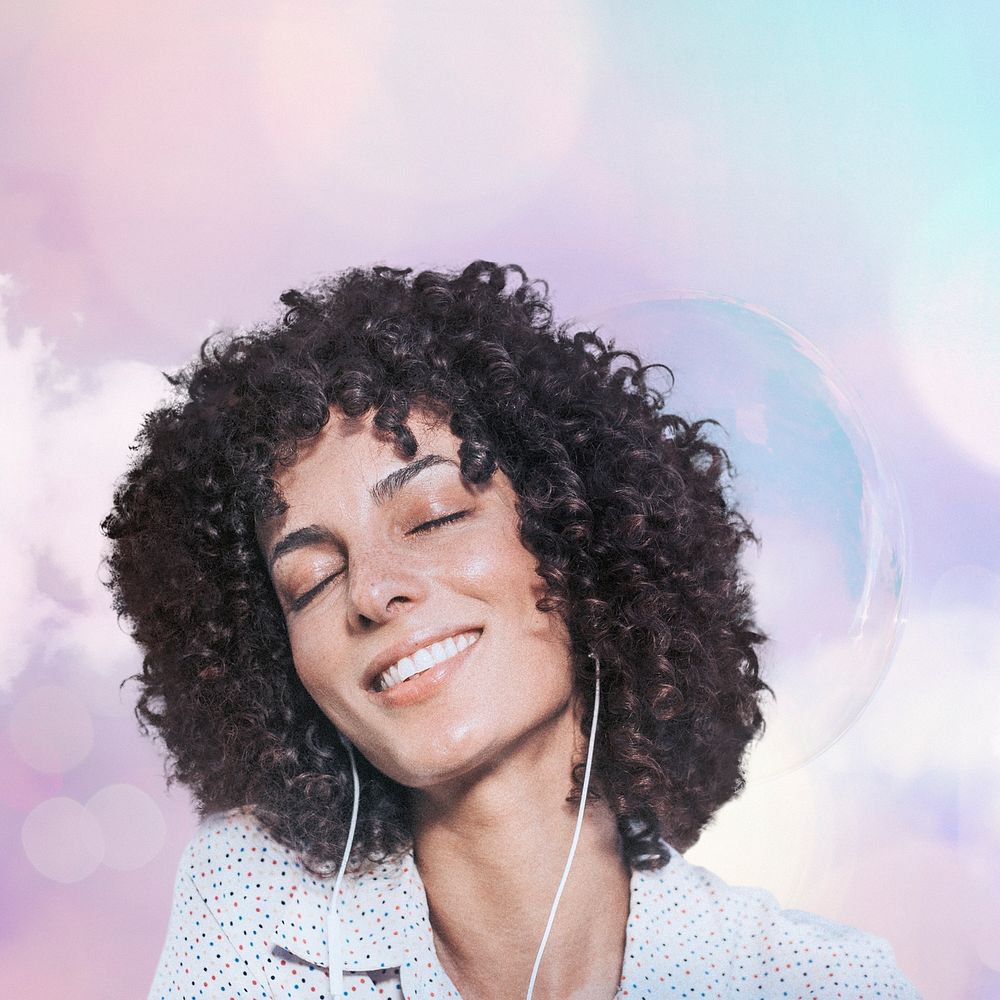 Woman wearing earphones with pastel bokeh lights remixed media