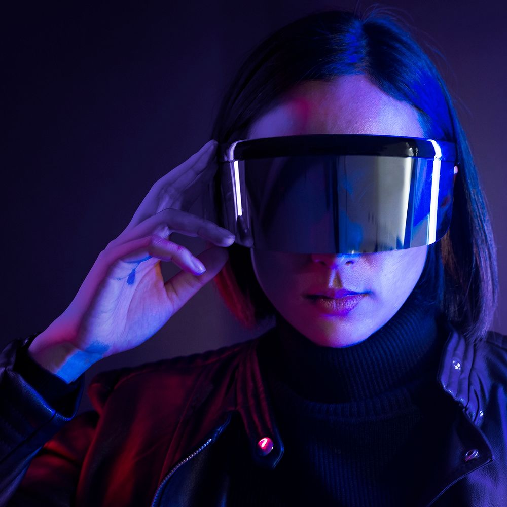 Woman wearing smart glasses futuristic technology digital remix