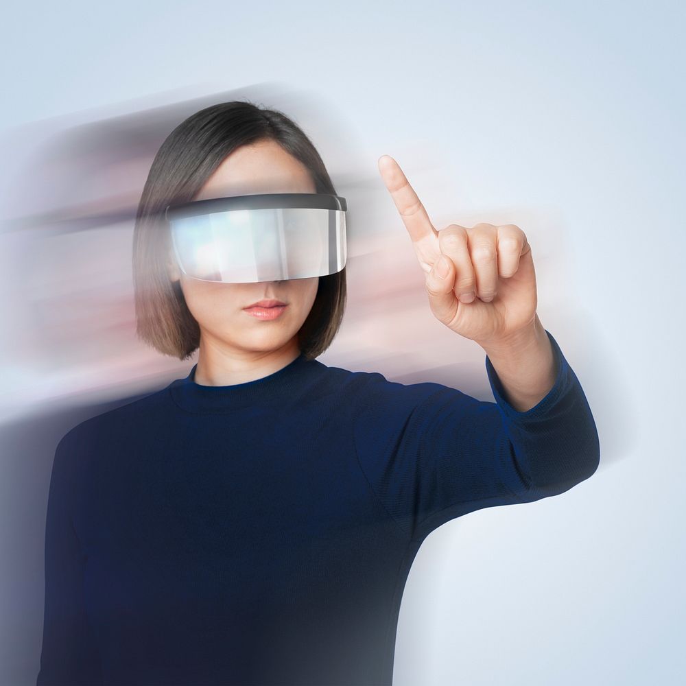 Woman wearing smart glasses double exposure effect on technology theme