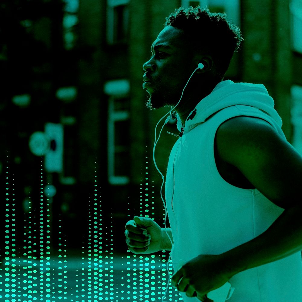 Musical gadget innovation psd man jogging with earphones entertainment technology remixed media