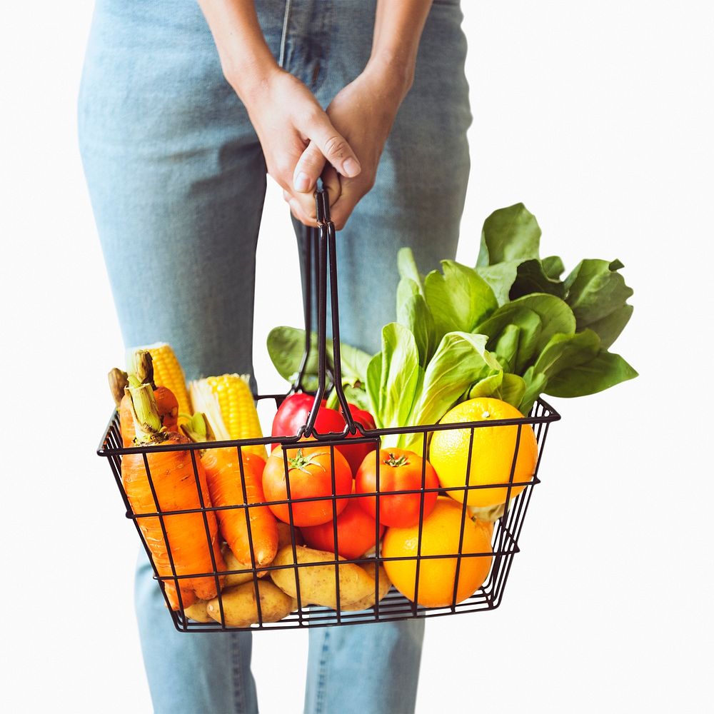 Vegetable shopping basket and fruits for healthy eating campaign