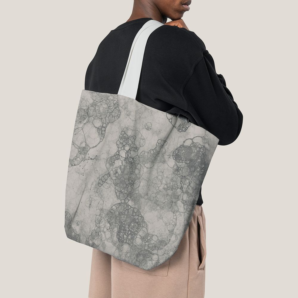 Bubble art tote bag in gray handmade experimental art