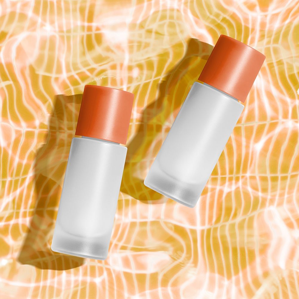 Cosmetic bottles on transparent water and light reflection background 