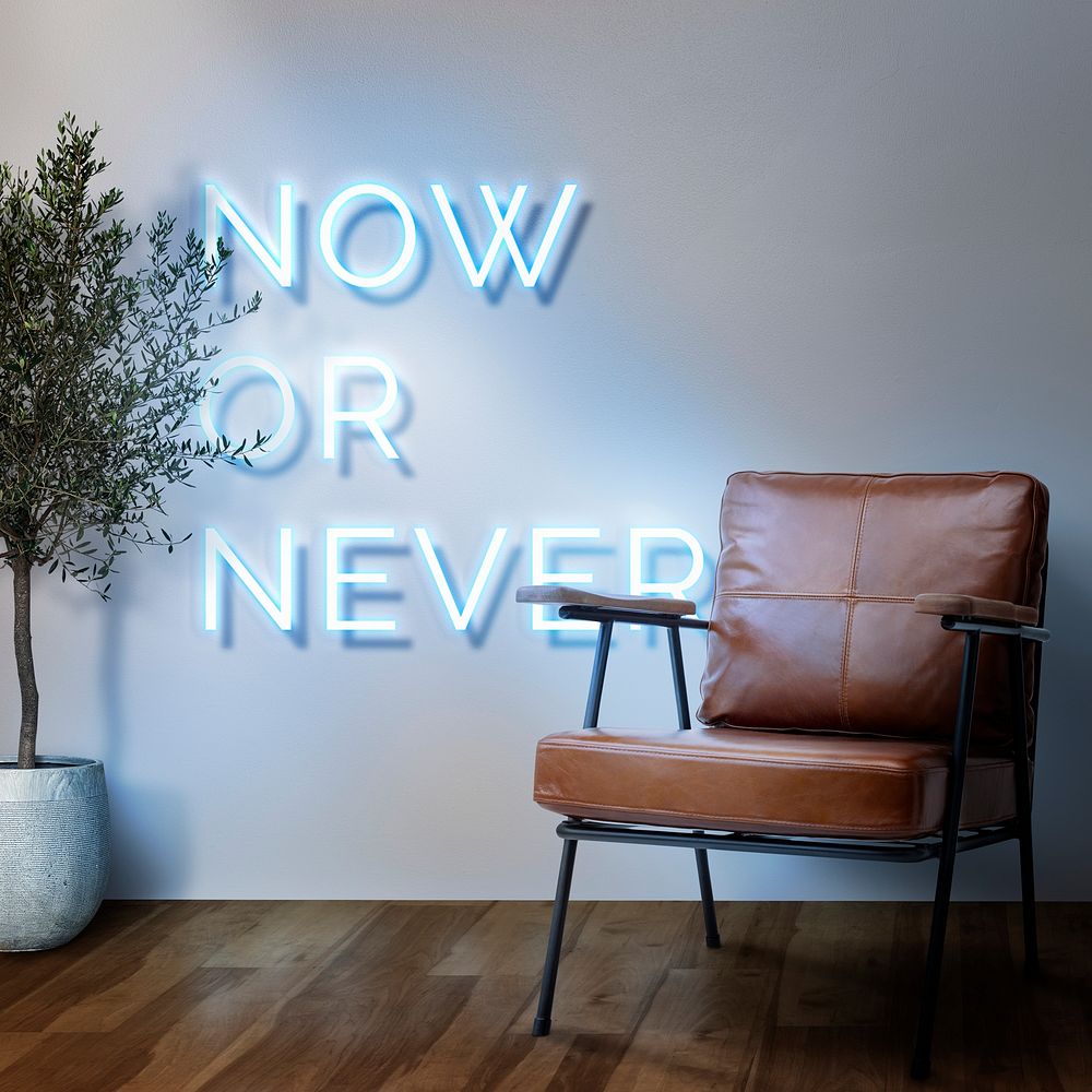 Now or never neon sign in authentic cafe