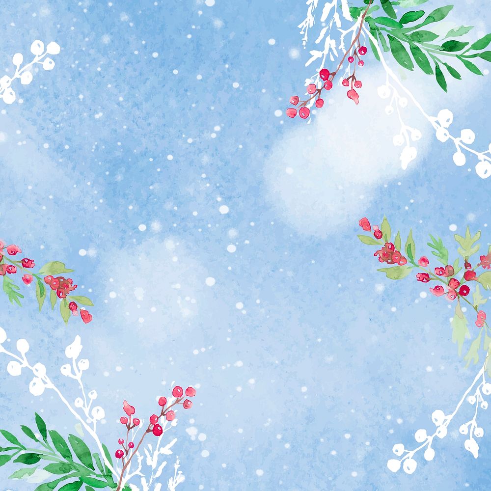 Floral christmas border background vector in blue with beautiful red winterberry