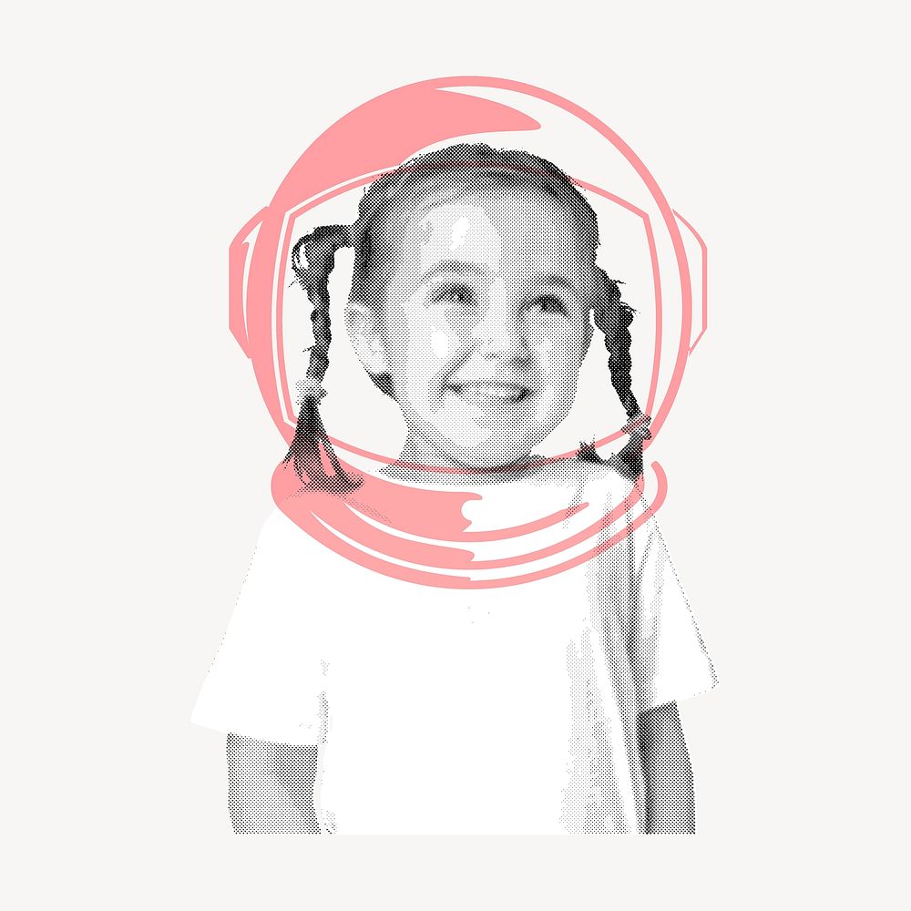 Kid astronaut collage element, education mixed media  design vector