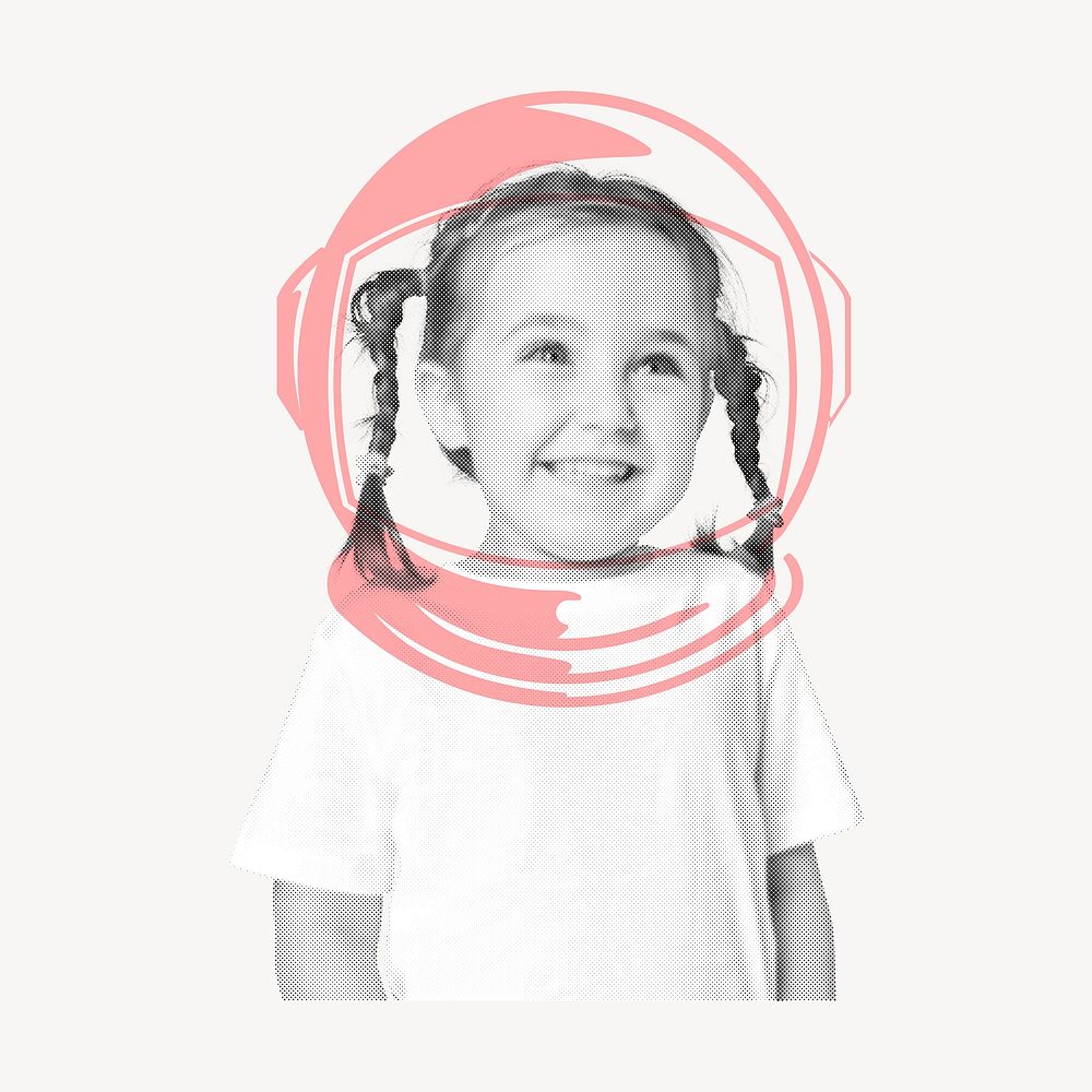 Kid astronaut collage element, education mixed media  design psd