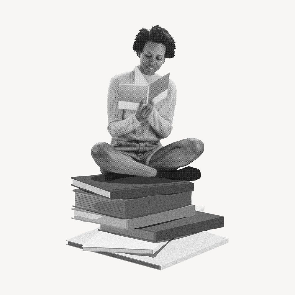African woman reading book, education concept, halftone design 