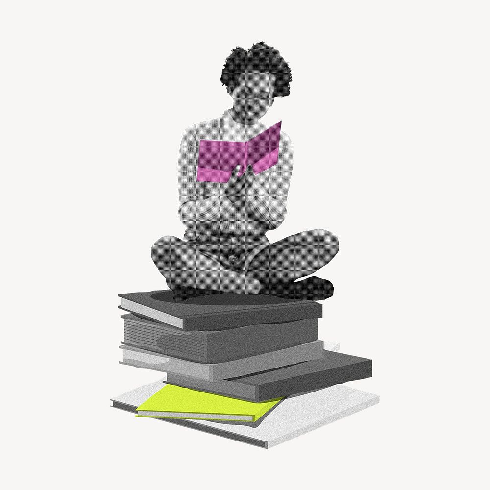Woman reading book  collage element, education, black and white with color accent  psd