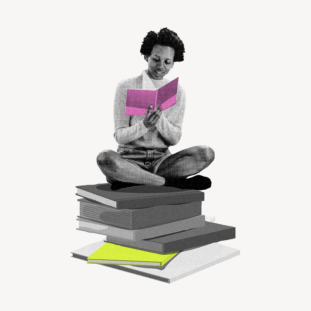 Woman reading book  collage element, education, black and white with color accent  vector