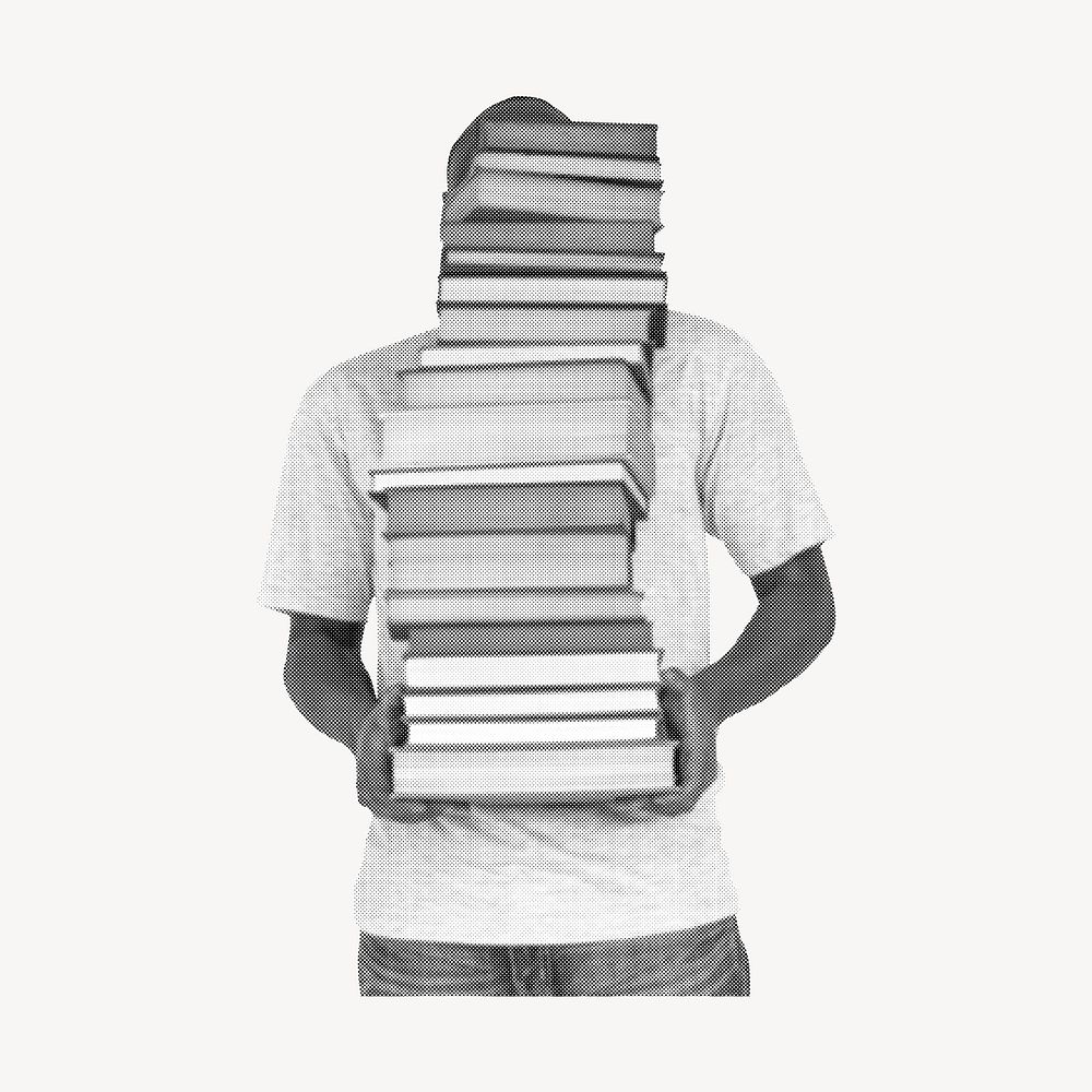 Man carrying books, education concept, halftone design 