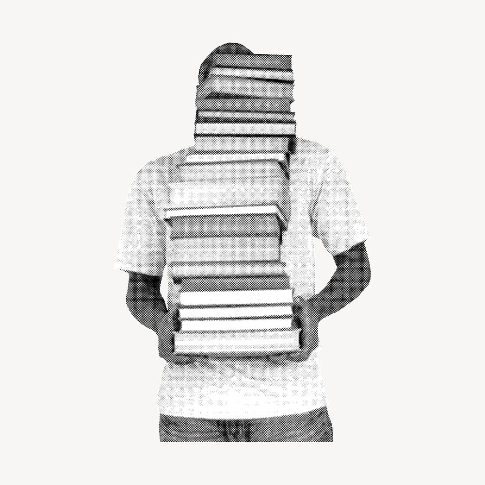 Man carrying books collage element, education in halftone design vector