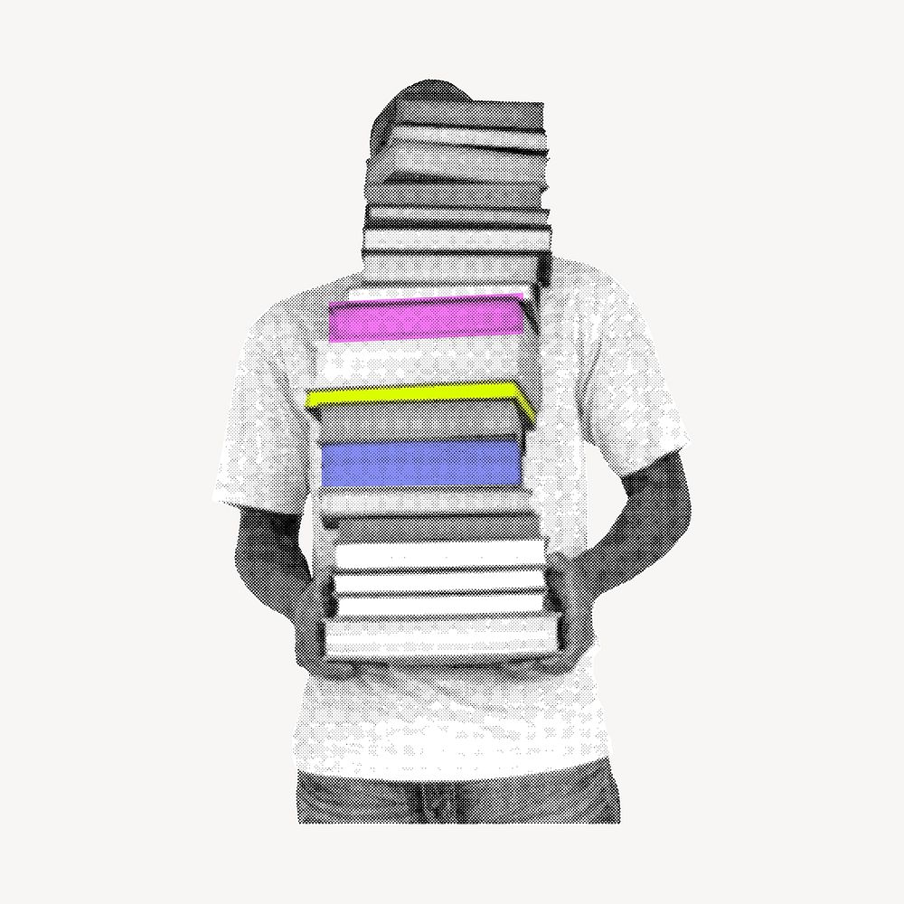 Man carrying book collage element, education, black and white with color accent vector