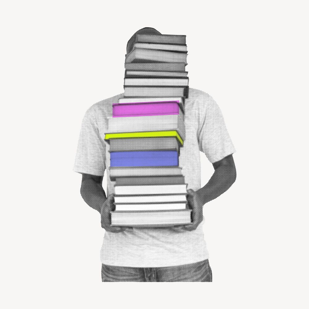 Man carrying book collage element, education, black and white with color accent psd