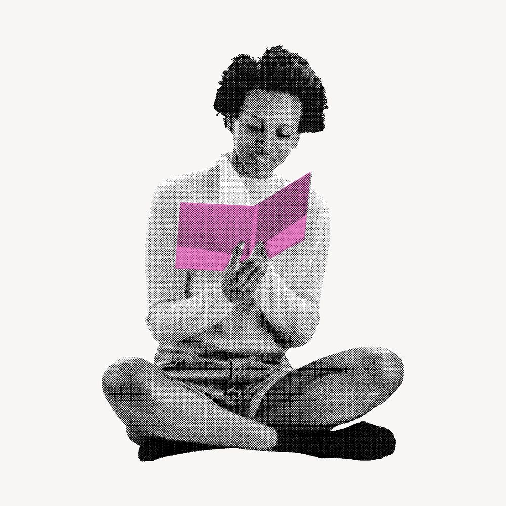 Reading book collage element, education, black and white with color accent  vector