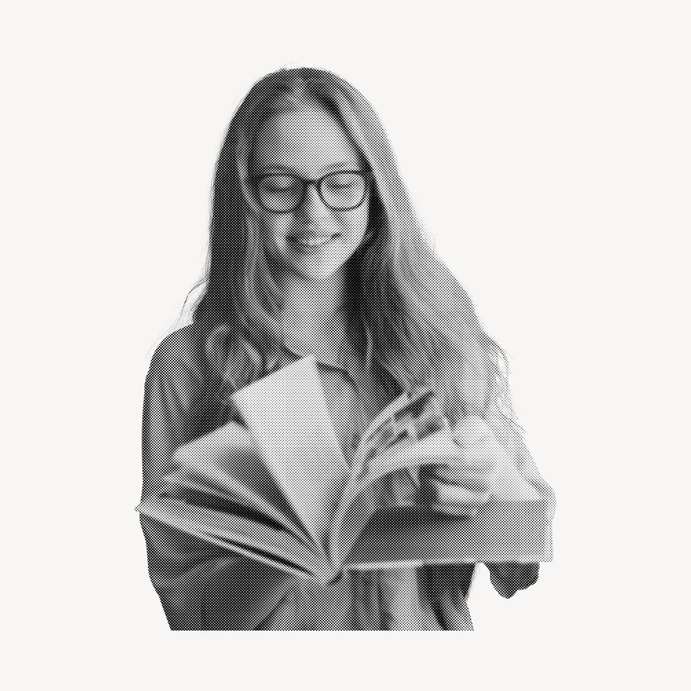 Young woman reading book, education concept, halftone design