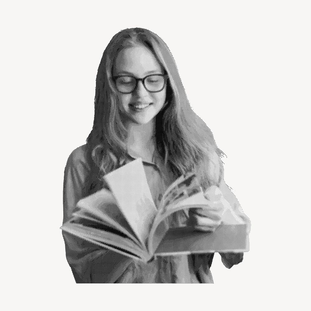 Young woman reading book collage element, education in halftone design vector