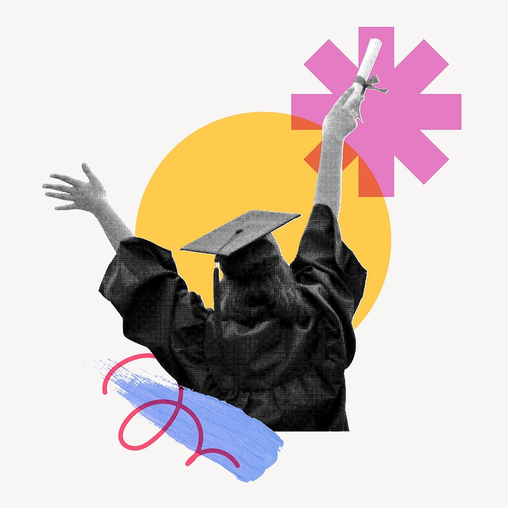 Female graduate collage element, education, geometric mixed media collage vector