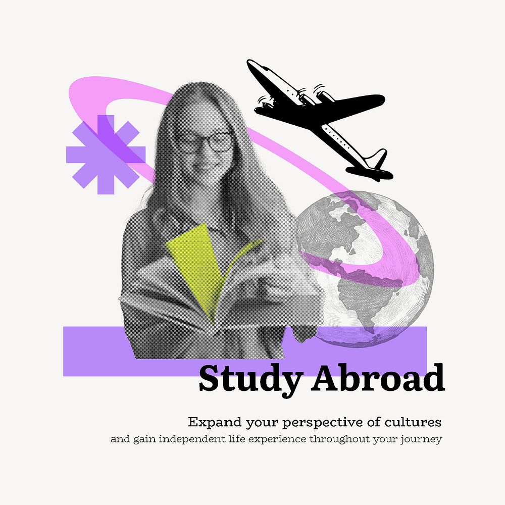 Study abroad Instagram post template, education geometric collage art, mixed media psd