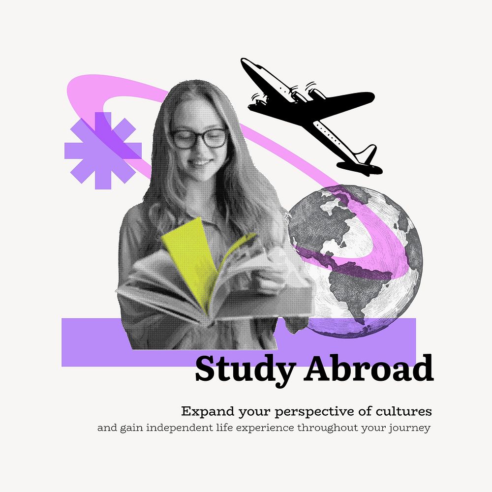 Study abroad Facebook post template, education mixed media, color accent design vector