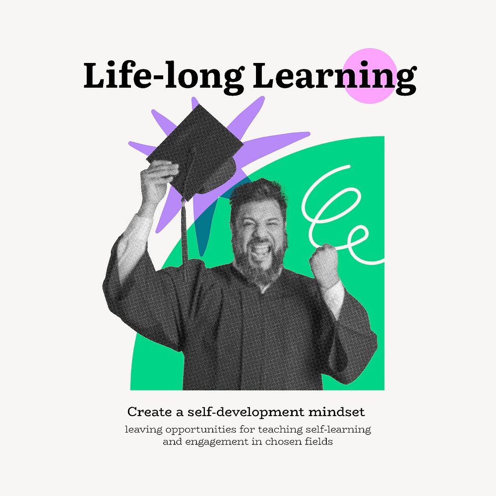 Life-long learning  Instagram post template, education geometric collage art, mixed media psd
