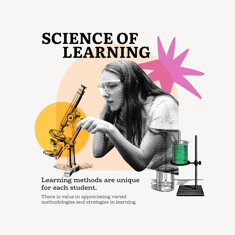 Science of learning  Facebook post template, education mixed media, color accent design vector