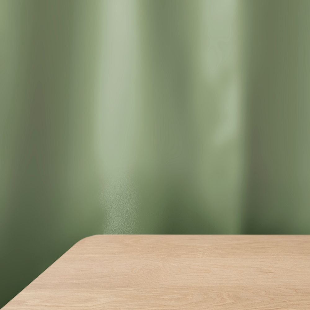 Wooden table product backdrop, green wall design