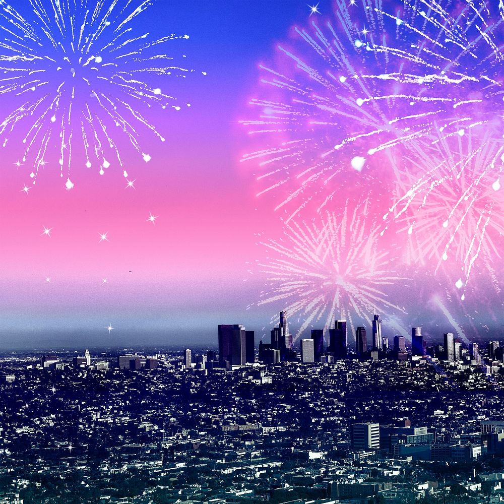 New year background, fireworks celebration over city at night design