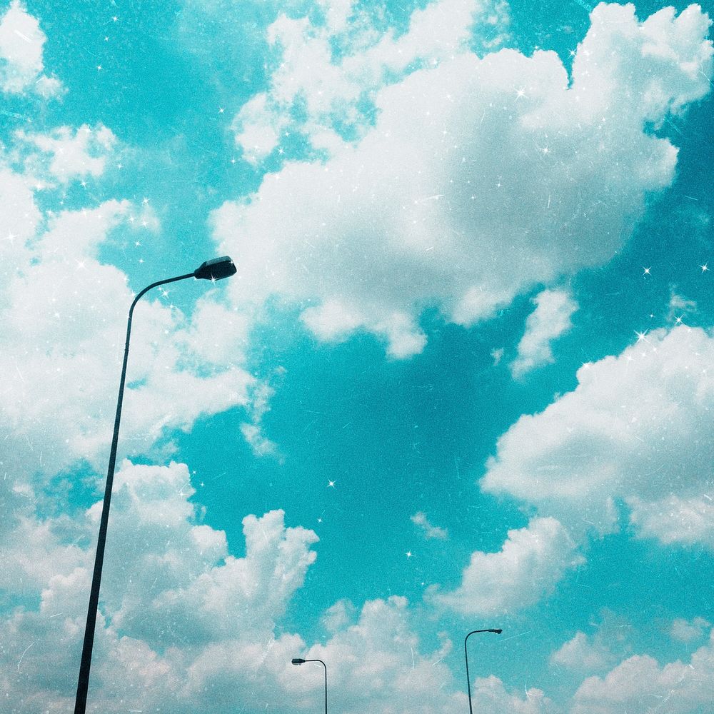 Blue sky background, cloudy city, lamp posts