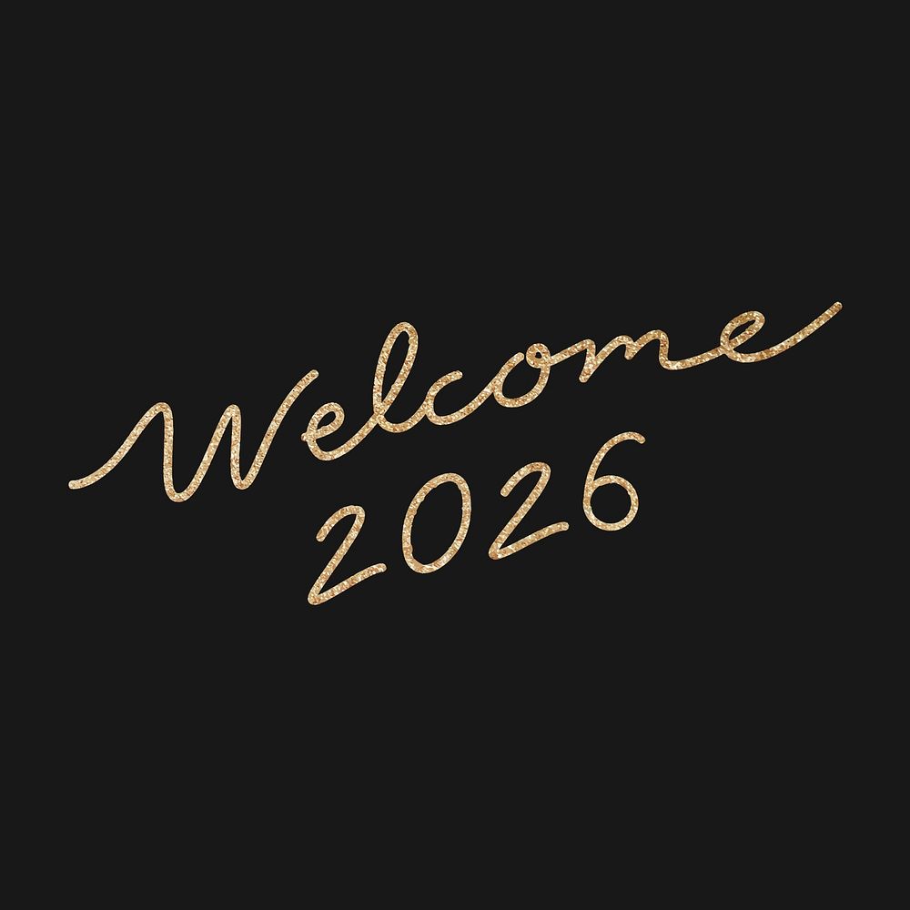 New Year calligraphy sticker psd, gold glitter welcome 2026 design