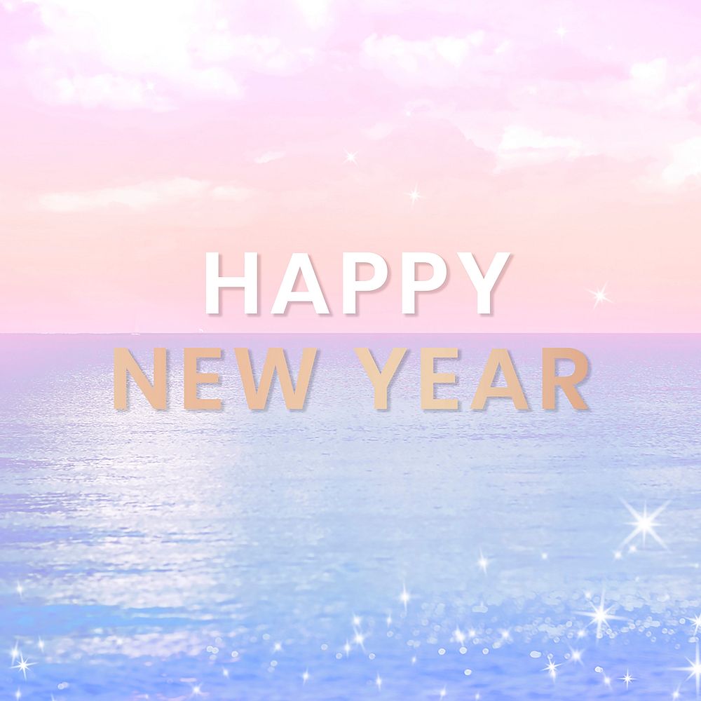New year greeting, social media post design, pastel beach background