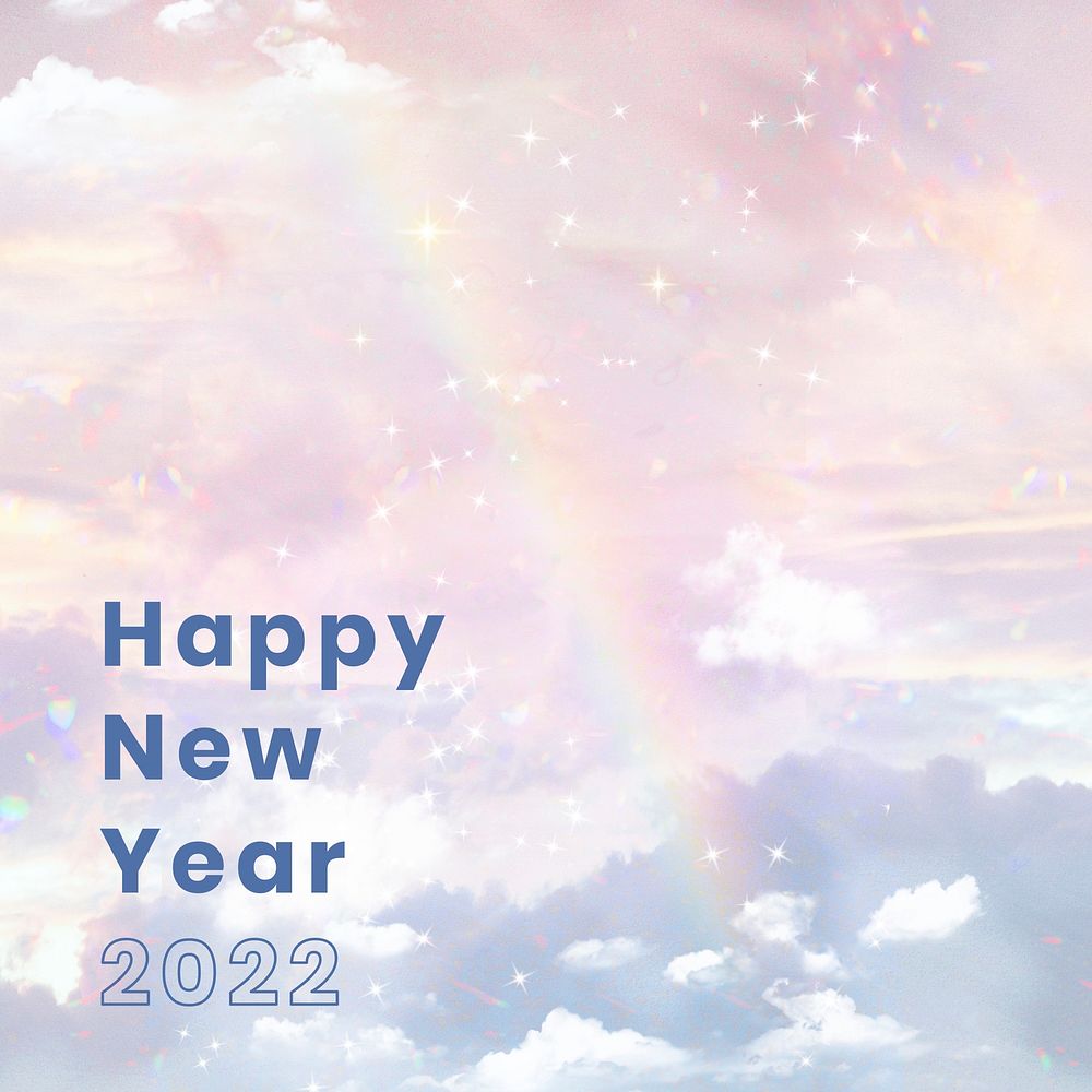 Aesthetic new year 2022 greeting, pastel rainbow sky background