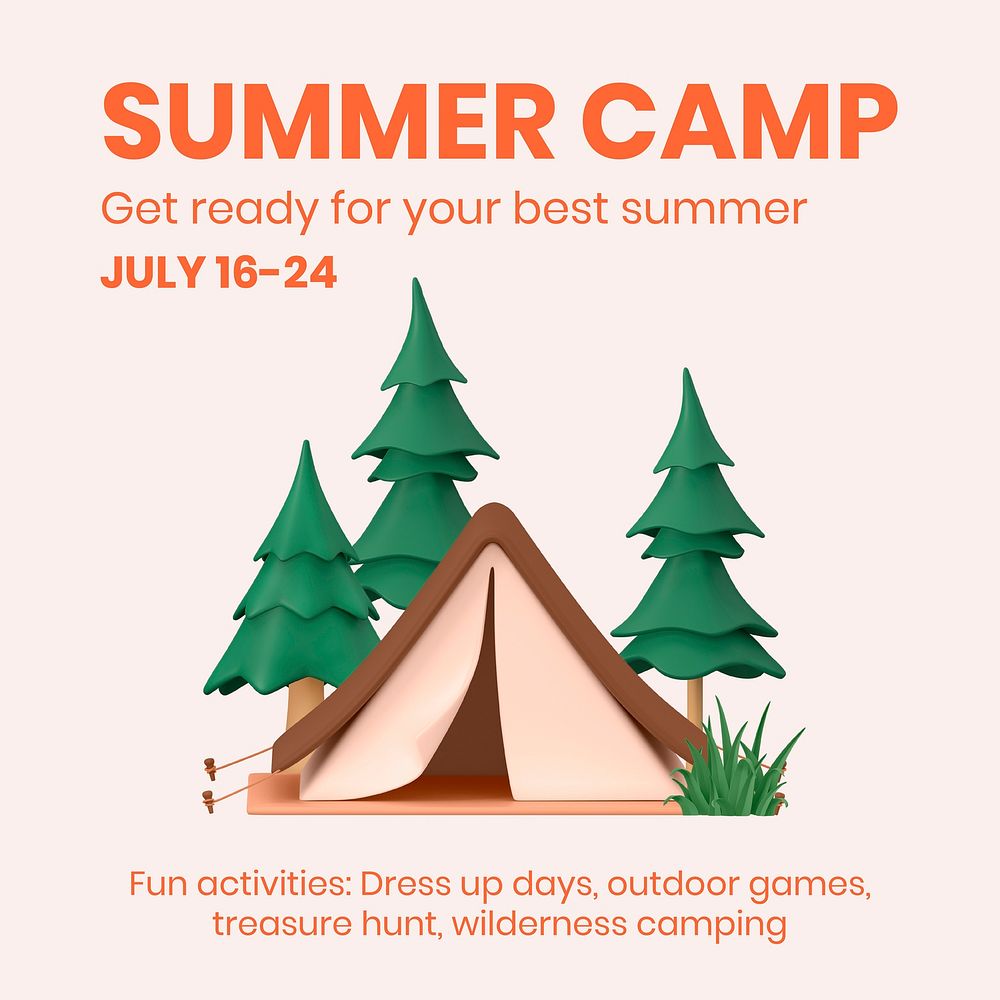 Summer camp Instagram post template, 3D design vector