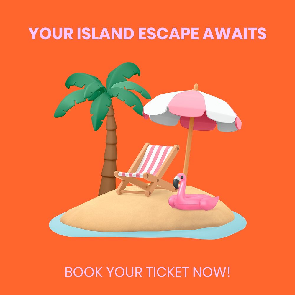 Summer 3D Facebook ad template, island travel psd