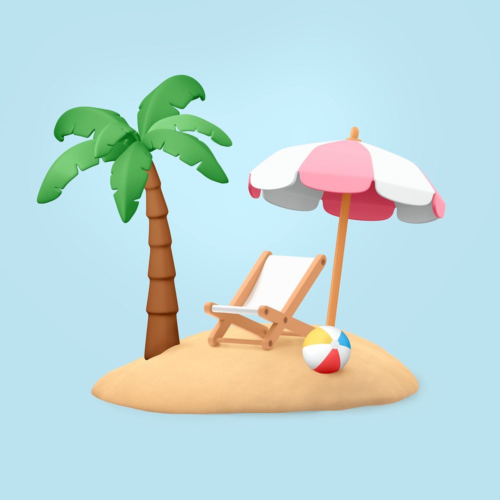 3D summer beach collage element, travel design psd