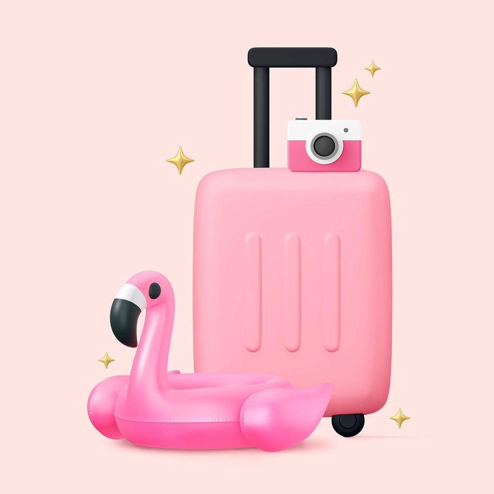 3D pink luggage collage element, travel  design psd