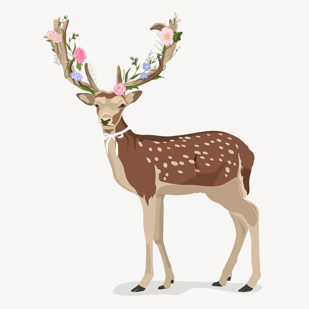 Deer illustration, flower decoration, wild animal illustration psd