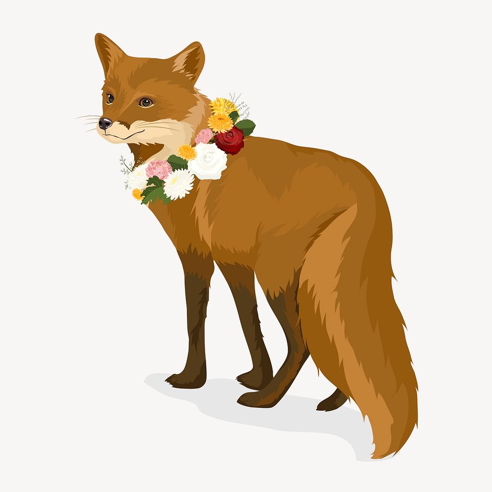 Fox illustration, flower necklace clipart psd
