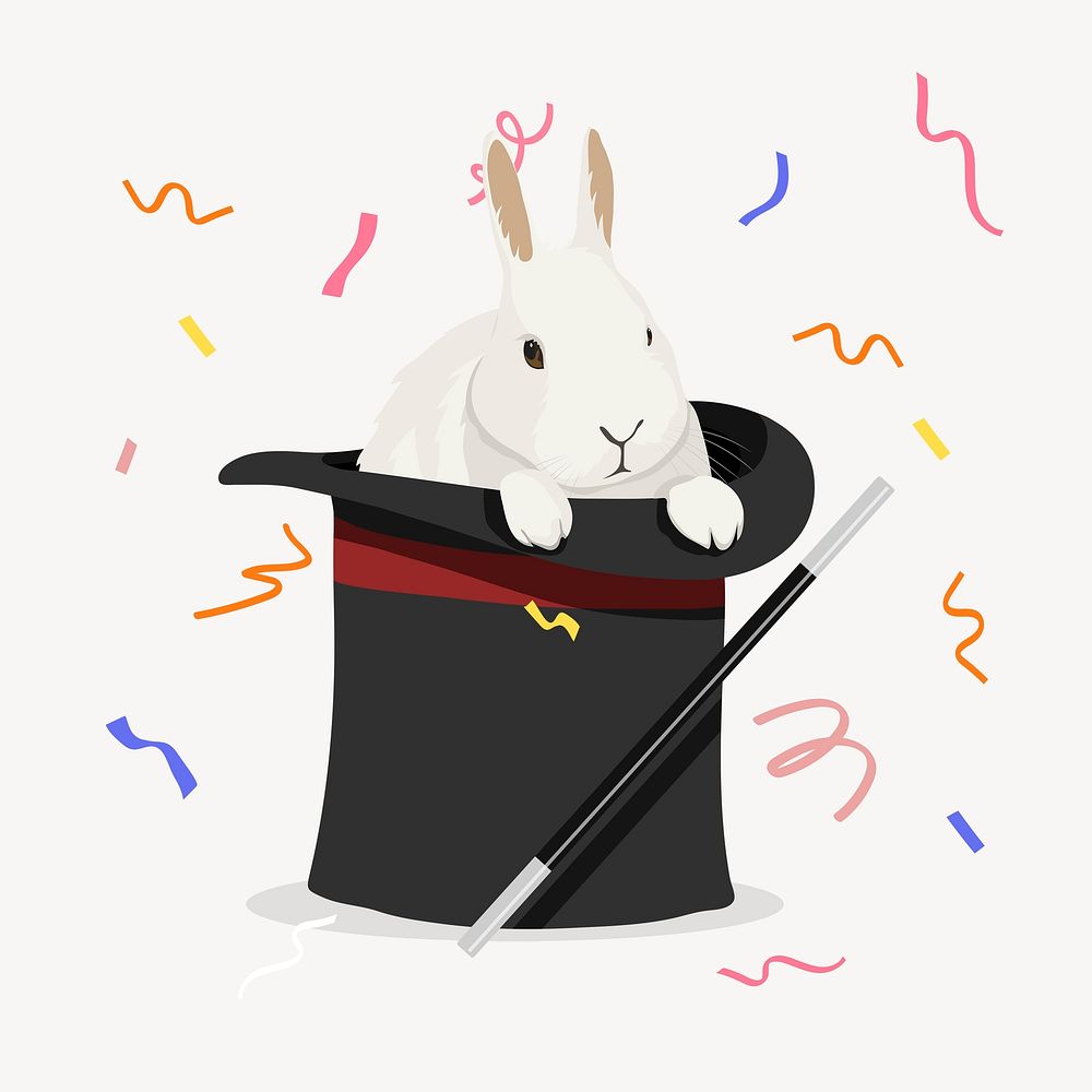 Magic trick performance, rabbit in top hat illustration psd