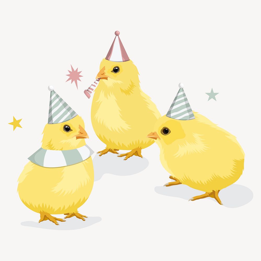 Party chicks, cute animal illustration, festive party vector