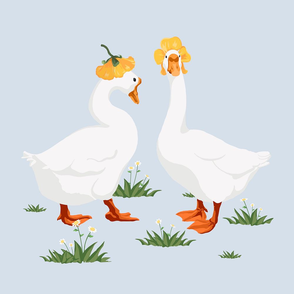 Cute ducks with flower hat illustration vector
